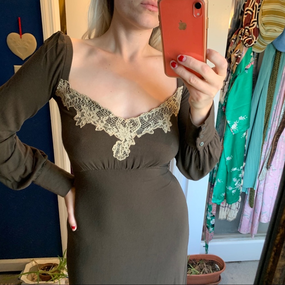 VALENTINO Brown Jersey Lace Dress 6 Balloon Sleeve